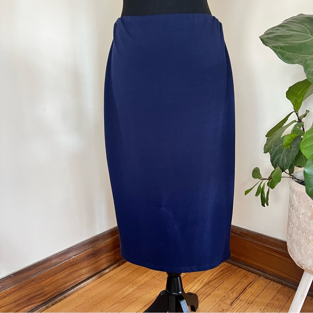 Thyme & Honey Navy Woven Cotton Blend Pencil Midi Skirt Elastic Waist
